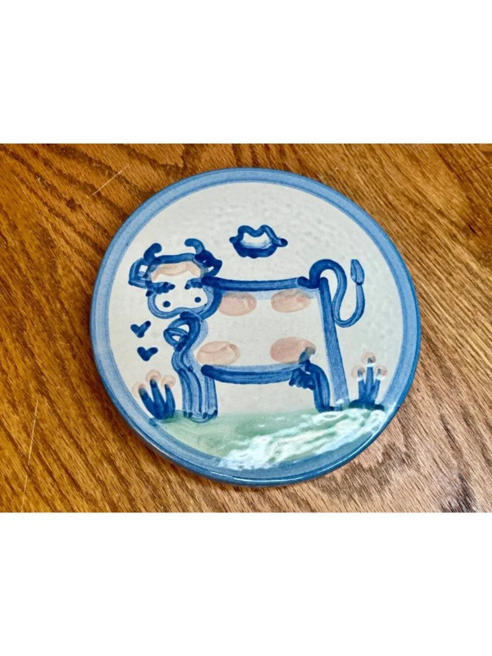 M A Hadley  Pottery Country Scene Blue  Cow Trivet/ Wall Hanging